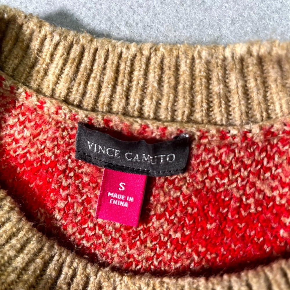Vince Camuto Sweater Womens Small Tan Red Heart Print Soft Stretch Ribbed Hem - Picture 5 of 7